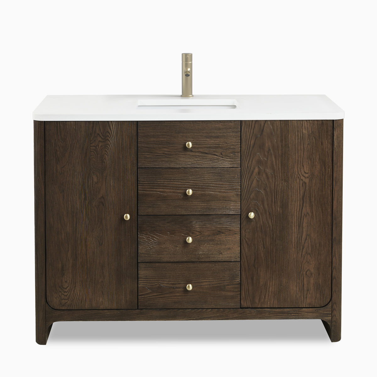 48" single vanity in sable ash wood with white zeus quartz top, champagne brass knobs, and soft-edge farmhouse design.