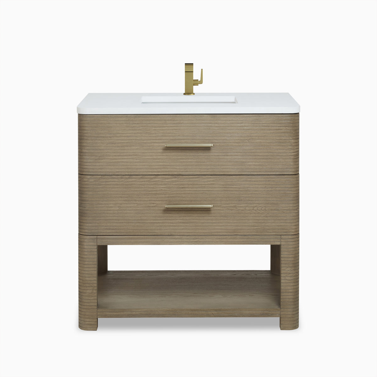 Paxton 36-inch single vanity in pebble oak with white countertop, integrated sink, brass faucet, two drawers, and open shelf.