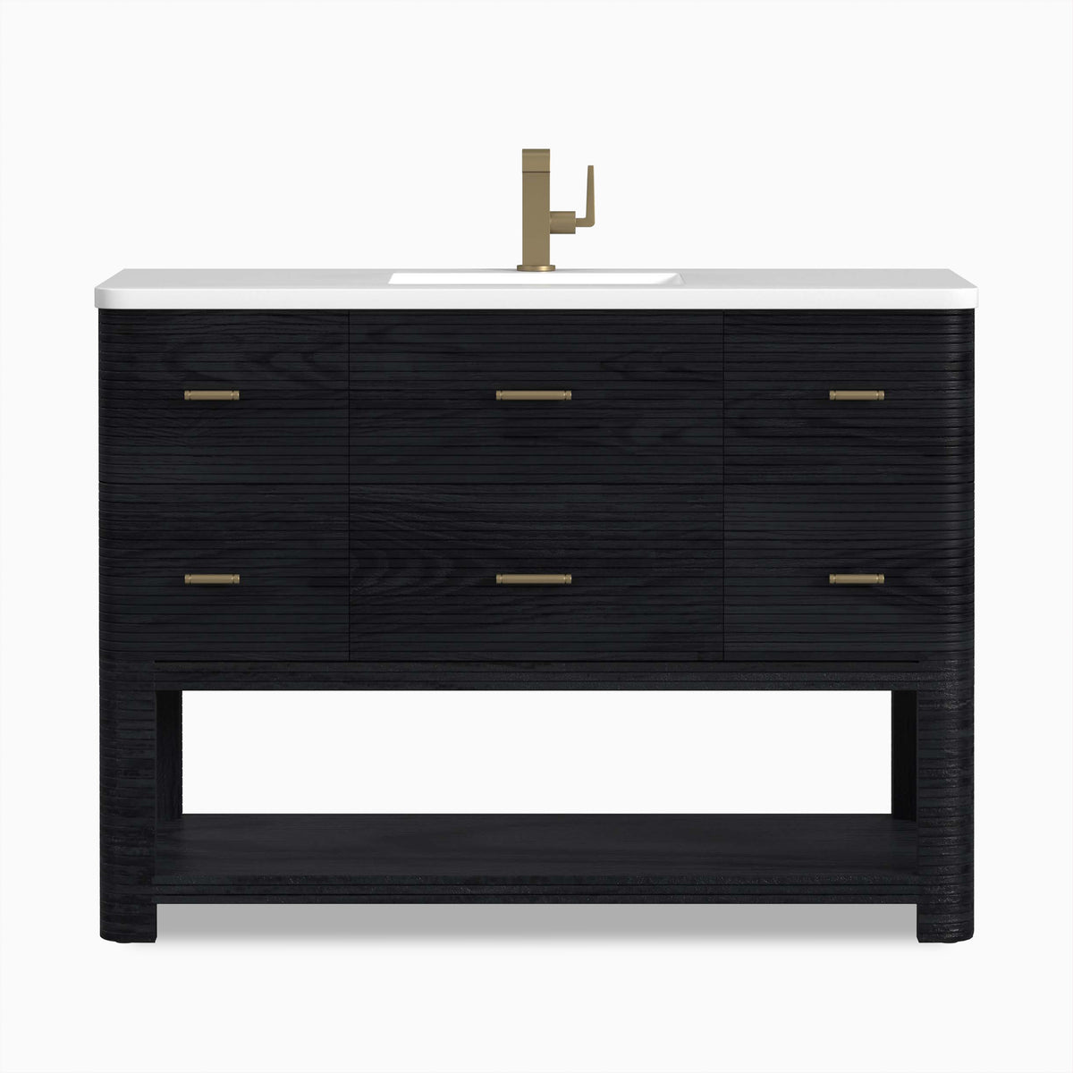 Paxton 48-inch single vanity in carbon oak with white countertop, integrated sink, brass faucet, two drawers, and open shelf base.