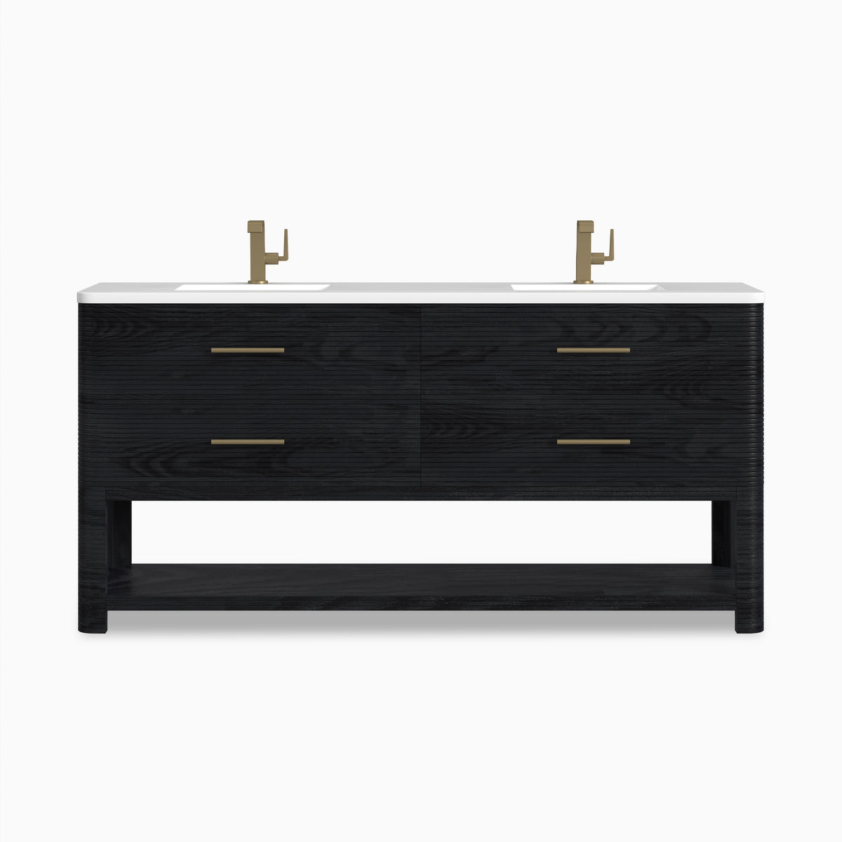 Paxton 72-inch double vanity in carbon oak with white countertop, dual sinks, brass faucets, four drawers, and open shelf storage.