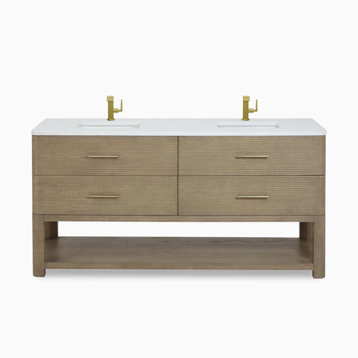 Paxton 72-inch double vanity in pebble oak with white countertop, dual integrated sinks, brushed brass faucets, four drawers, and open shelf.