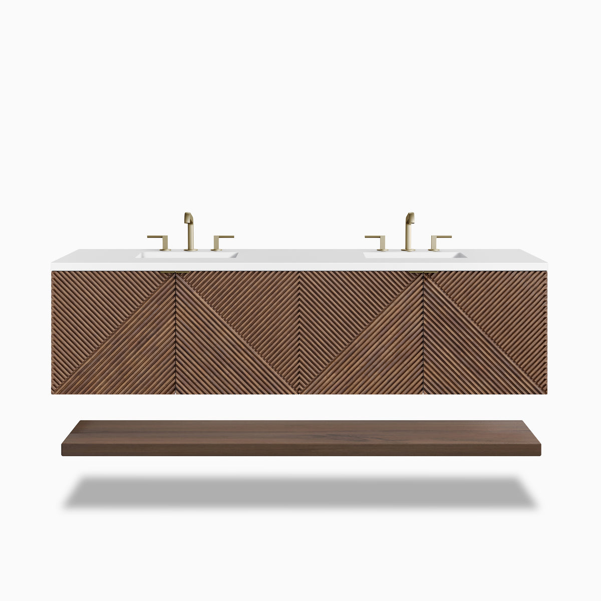 72" chestnut wall-mounted double vanity with ribbed Acacia doors, white quartz sinktop, soft-close drawers, and open base shelf.