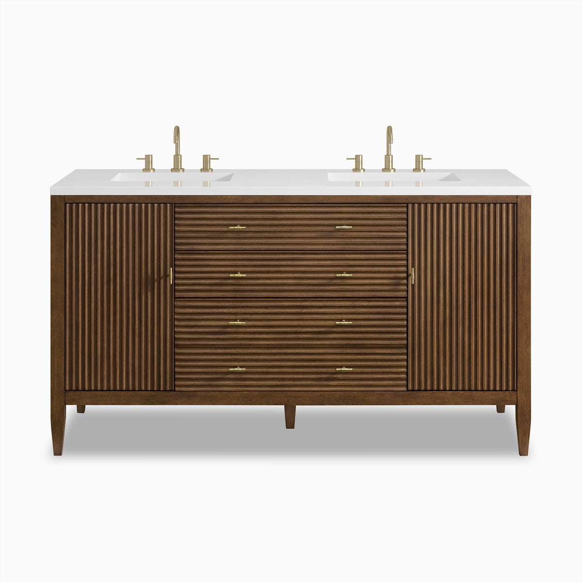 Sasha 60-inch double vanity in mid-century walnut with fluted cabinet doors, brass hardware, dual sinks, and white stone countertop.