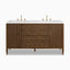 Sasha 60-inch double vanity in mid-century walnut with fluted cabinet doors, brass hardware, dual sinks, and white stone countertop.