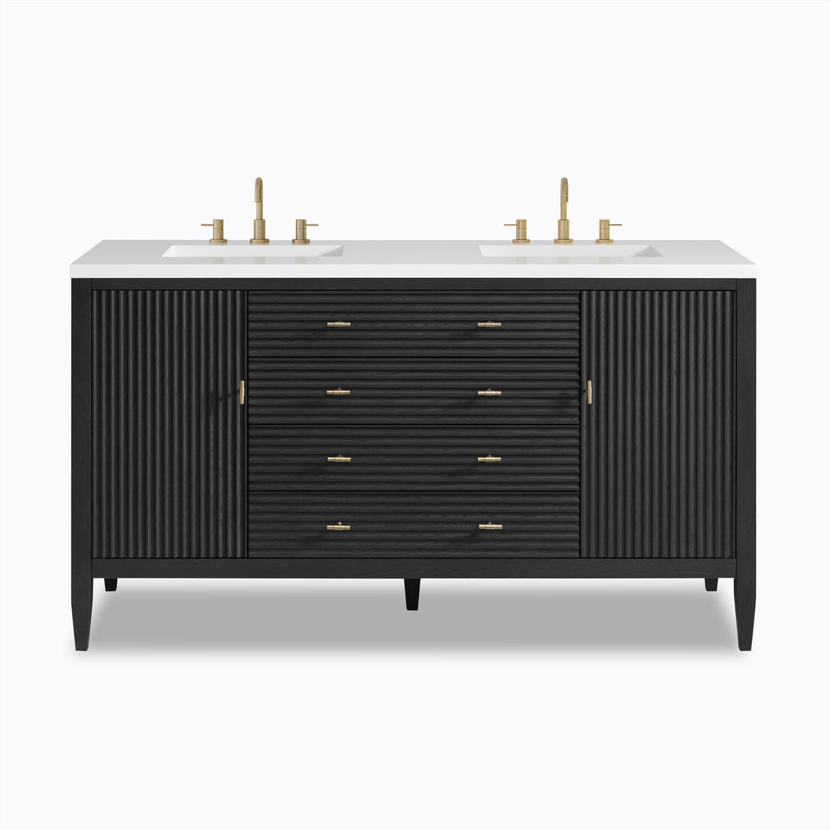 Sasha 60-inch double vanity in carbon oak with fluted cabinet doors, brass hardware, dual sinks, and white stone countertop.