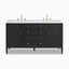 Sasha 60-inch double vanity in carbon oak with fluted cabinet doors, brass hardware, dual sinks, and white stone countertop.