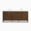 Sasha 72-inch double vanity in mid-century walnut with fluted wood doors, brass hardware, dual sinks, and white quartz countertop.