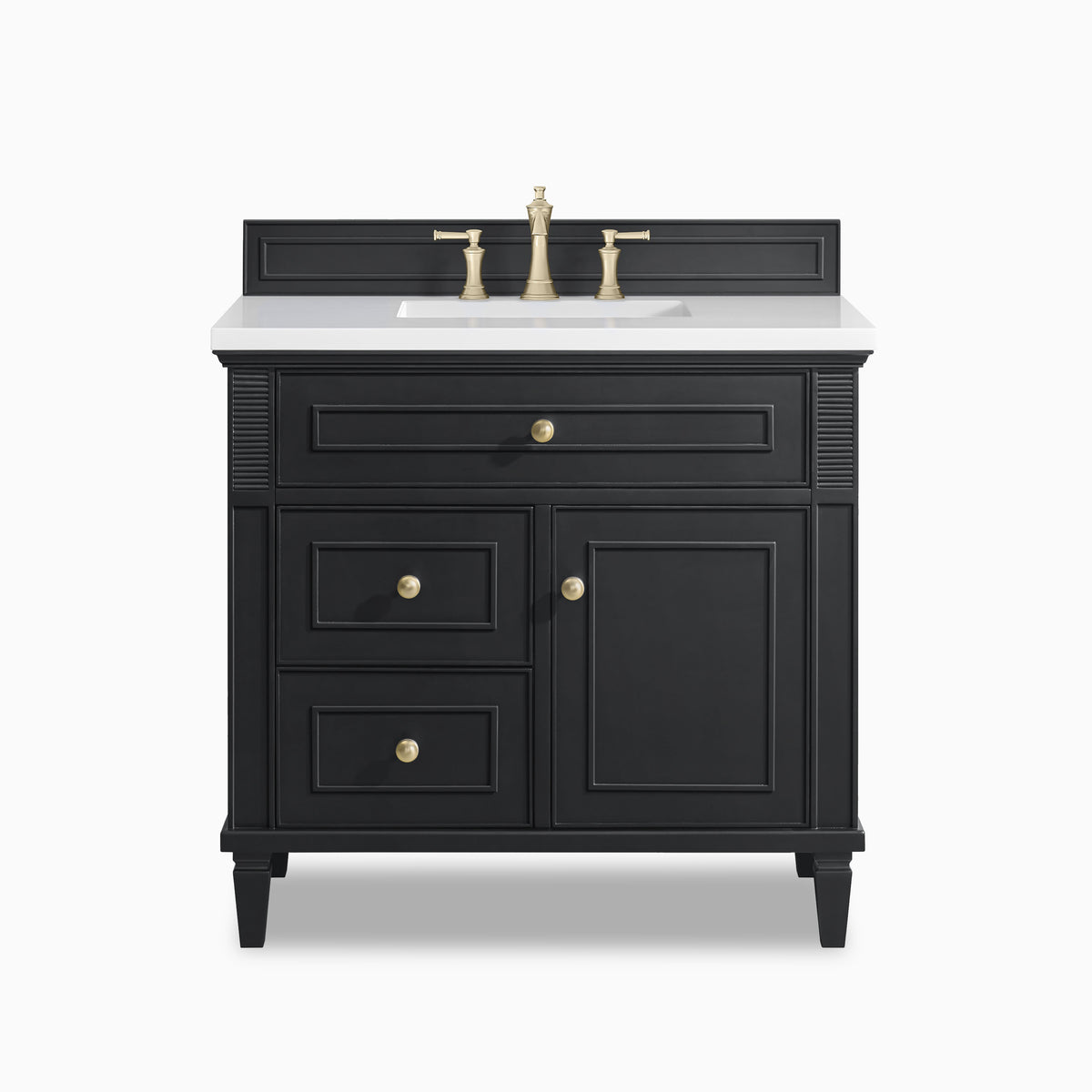 Elodie 36-inch single vanity in black onyx with White Zeus quartz countertop, featuring a center sink, paneled cabinet doors, and brushed brass hardware.