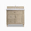 Elodie 36" single vanity in whitewashed oak with fluted corner accents and satin nickel hardware.