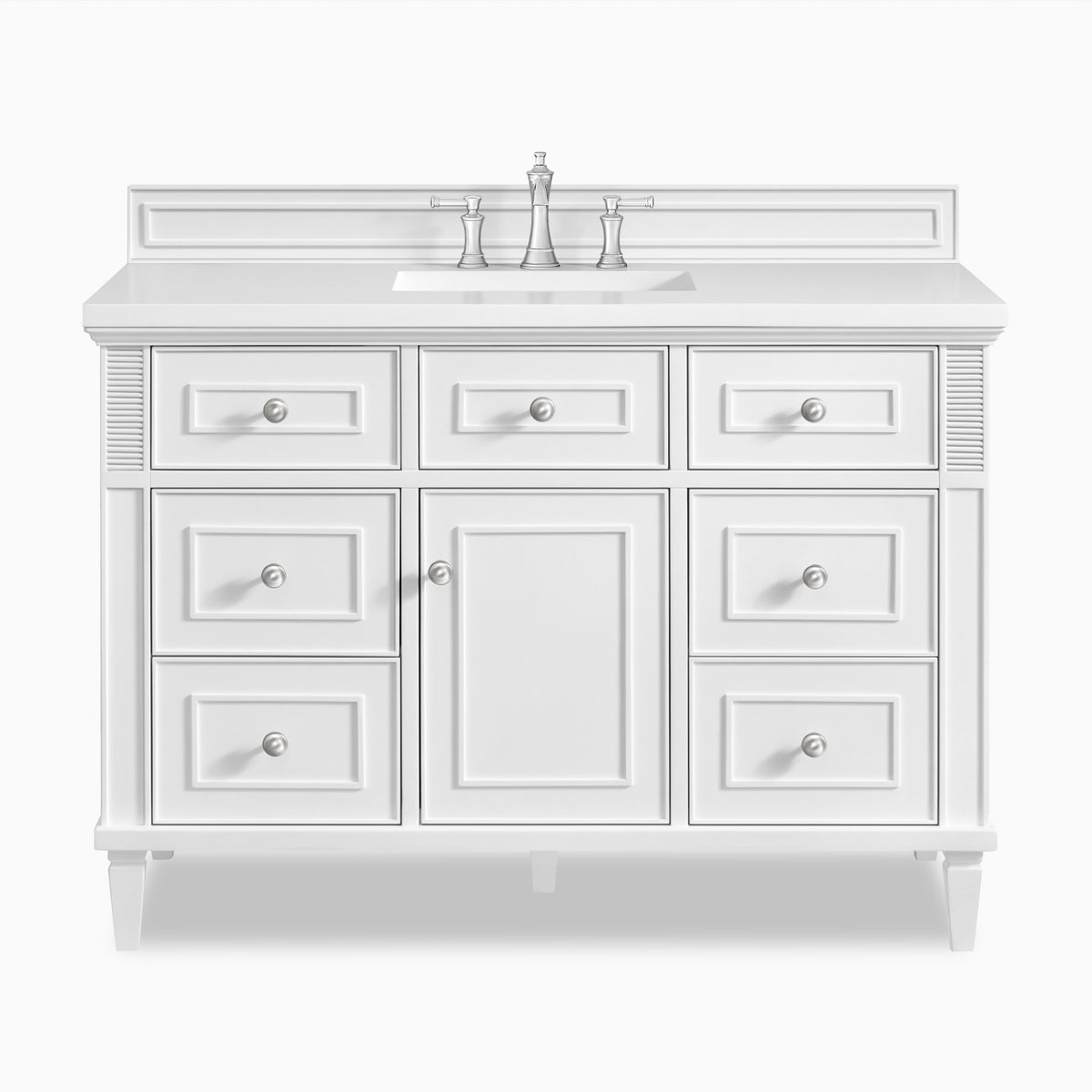 Elodie 48-inch single vanity in bright white with White Zeus quartz countertop, featuring a center sink, paneled cabinet doors, and polished chrome hardware.