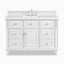 Elodie 48-inch single vanity in bright white with White Zeus quartz countertop, featuring a center sink, paneled cabinet doors, and polished chrome hardware.