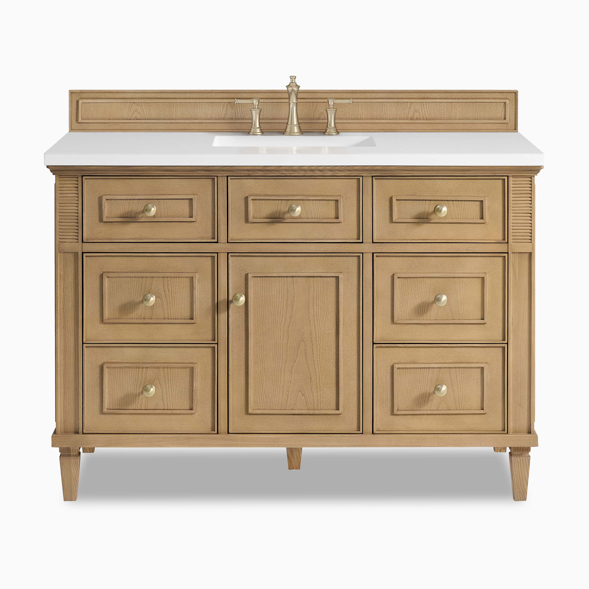 Elodie 48" single vanity in light natural oak with detailed trim and champagne brass knobs, offering classic charm.