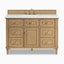 Elodie 48" single vanity in light natural oak with detailed trim and champagne brass knobs, offering classic charm.