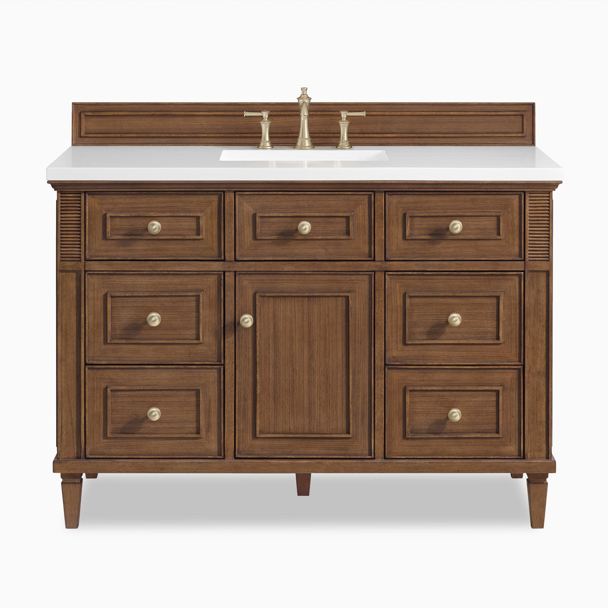 Elodie 48-inch single vanity in mid-century walnut with White Zeus quartz-based countertop, featuring a center sink, paneled cabinet doors, and brass hardware.