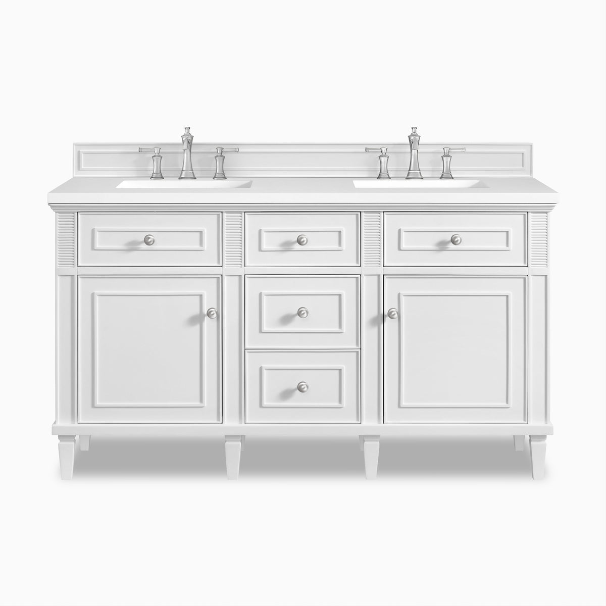 Elodie 60-inch double vanity in bright white with White Zeus quartz countertop, featuring dual sinks, paneled cabinet doors, and polished chrome faucets.