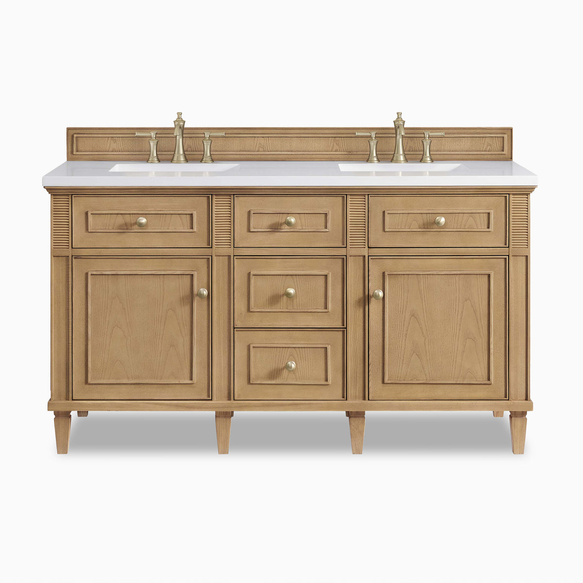 Elodie 60" double vanity in light natural oak with fluted accents and champagne brass knobs, blending classic form with warmth.