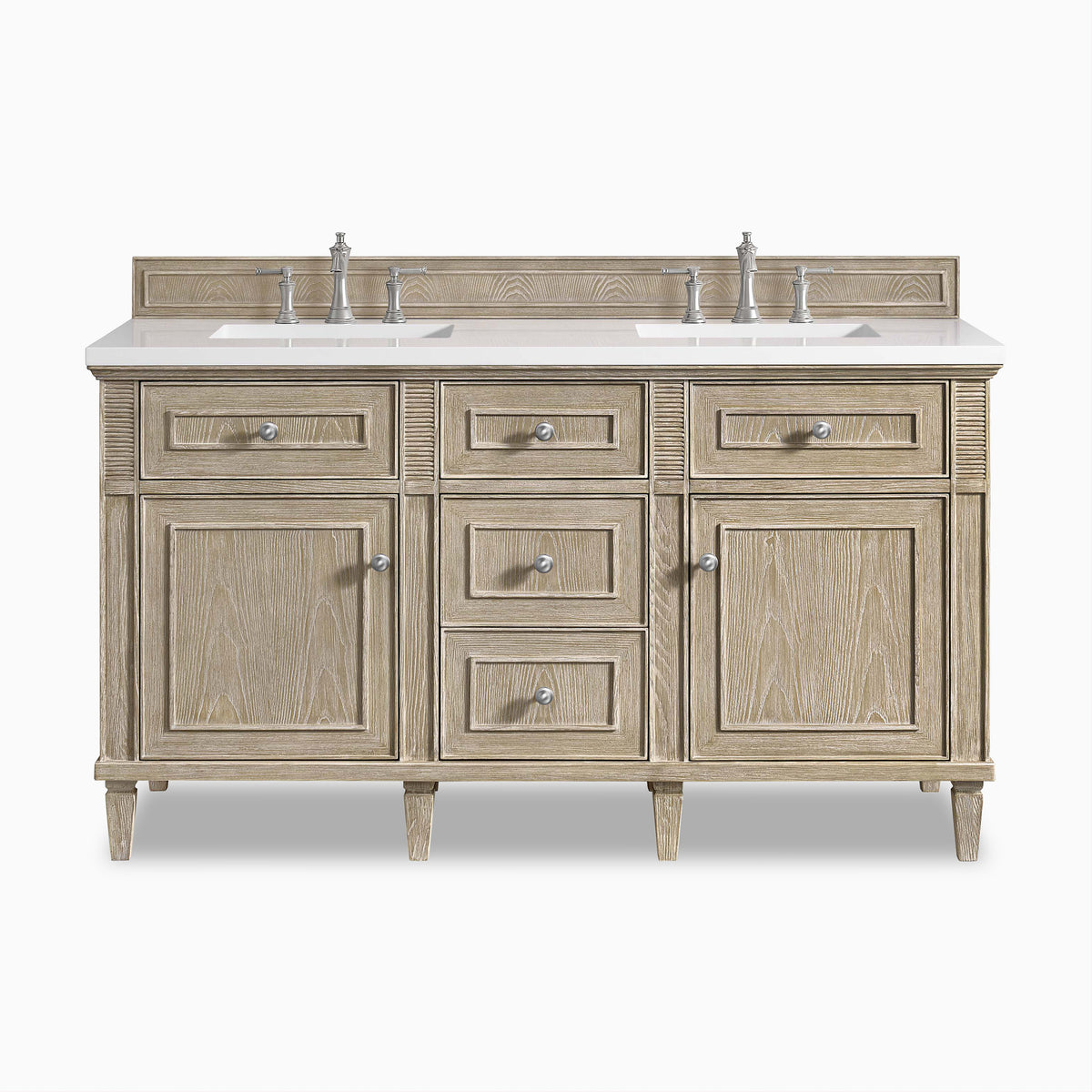 Elodie 60" double vanity in whitewashed oak featuring fluted corners and satin nickel hardware for timeless elegance.