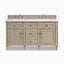 Elodie 60" double vanity in whitewashed oak featuring fluted corners and satin nickel hardware for timeless elegance.