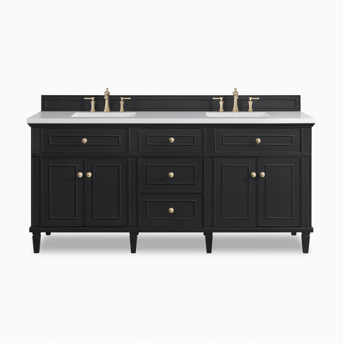 Elodie 72-inch double vanity in black onyx with White Zeus quartz countertop, featuring dual sinks, paneled cabinet doors, and brushed brass hardware.