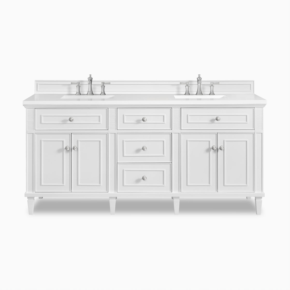 Elodie 72-inch double bathroom vanity in bright white with White Zeus quartz countertop and chrome faucets.