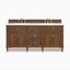 Elodie 72 inch double vanity in mid-century walnut with white quartz countertop, double sinks, six drawers, four cabinet doors, and integrated backsplash.