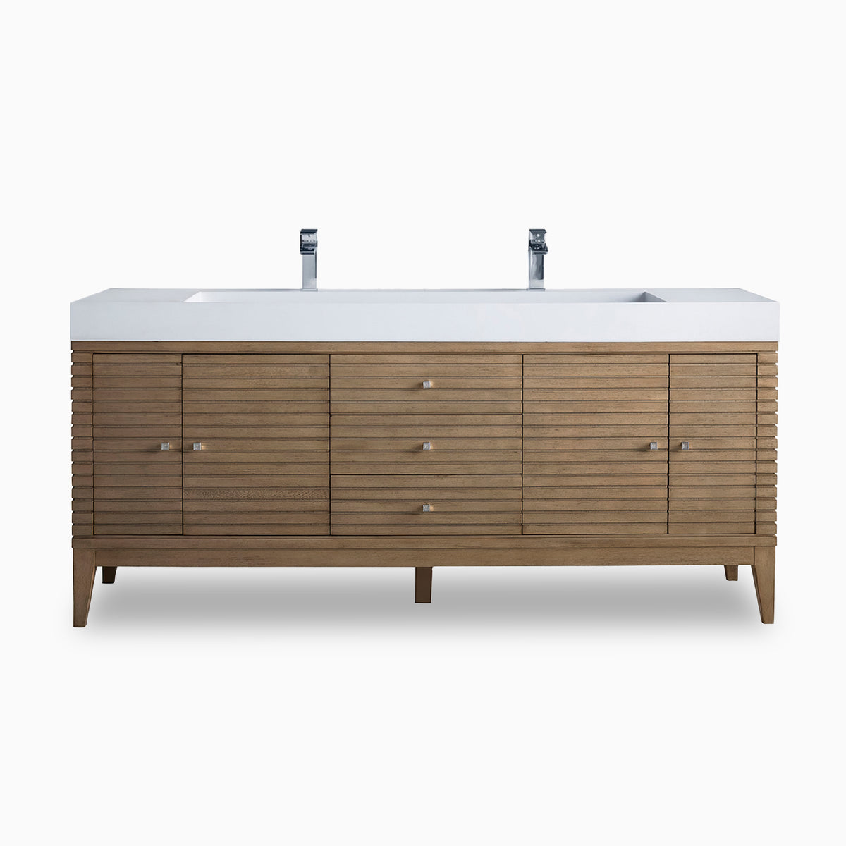 A light Whitewashed Walnut finish highlights the Easton 72 inch double vanity with textured slatted cabinetry, multiple drawers, and a glossy white composite stone top.