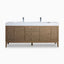 A light Whitewashed Walnut finish highlights the Easton 72 inch double vanity with textured slatted cabinetry, multiple drawers, and a glossy white composite stone top.