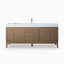 Natural Whitewashed Walnut wood shapes the Easton 72 inch single vanity, designed with horizontal slatted panels, center drawers, and a glossy white composite stone countertop.