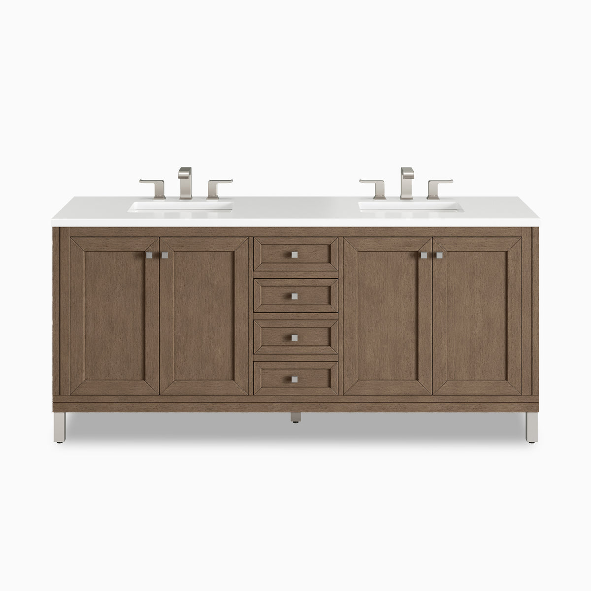 A soft Whitewashed Walnut finish highlights the Janelle 72 inch double vanity with framed cabinet panels, storage drawers, and a White Zeus quartz top with dual sinks.