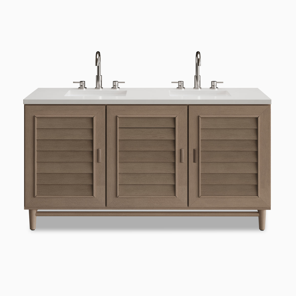 Trisha 60" double vanity in Whitewashed Walnut with a 3 cm White Zeus Quartz countertop, featuring dual undermount sinks, brushed nickel faucets, three louvered cabinet doors, and tapered legs.