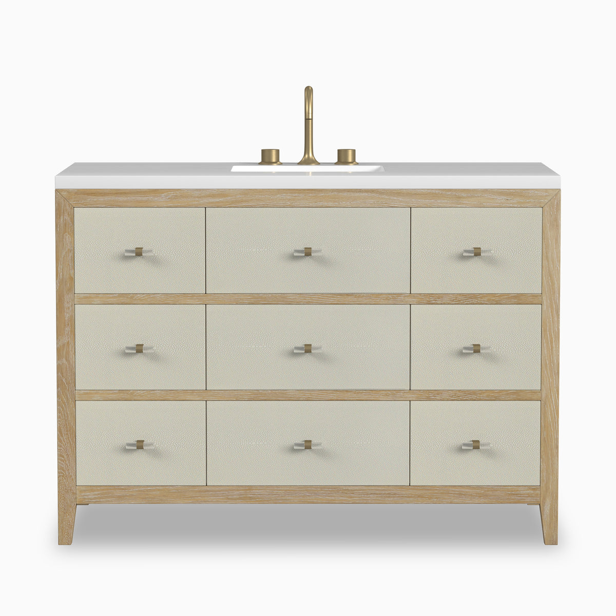 48 inch oak vanity with Zeus quartz top, nine textured drawers, and brass faucet for a clean, modern bathroom look.