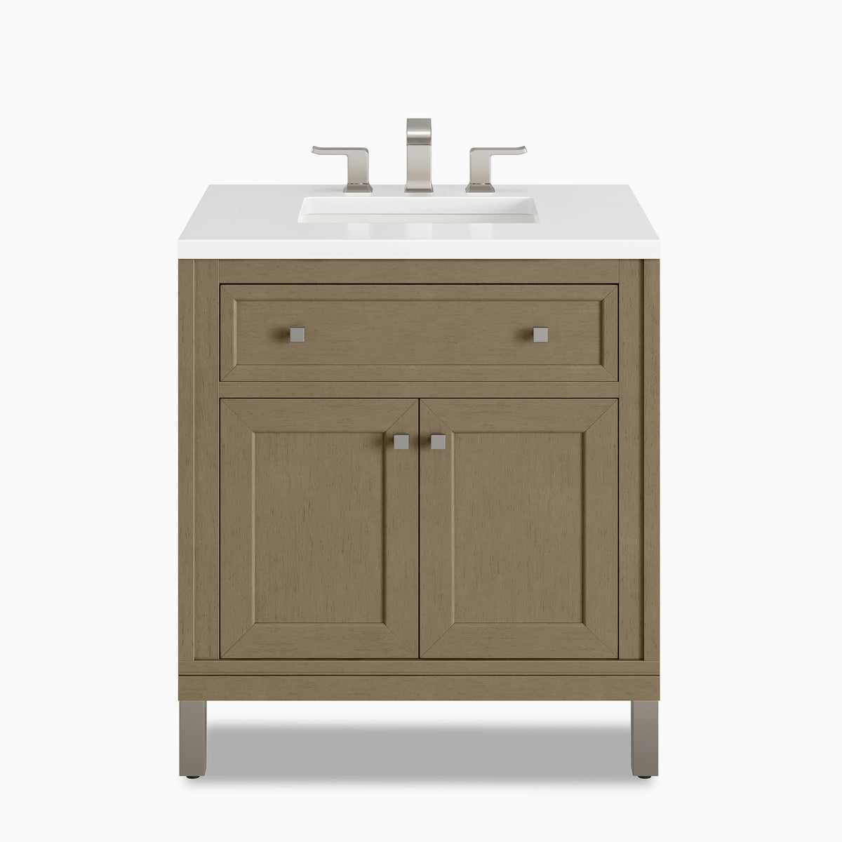 Natural brown cabinetry in Walnut Whisper highlights the Janelle 30 inch single vanity with framed cabinet panels, a spacious top drawer, and a White Zeus Silestone top.