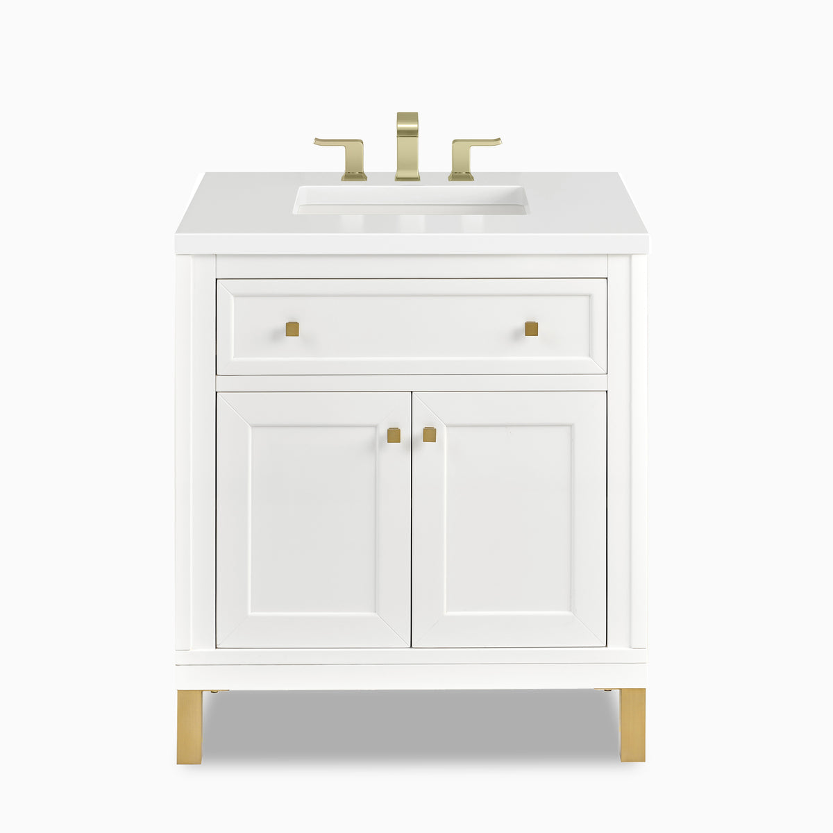A smooth Glossy White finish highlights the Janelle 30 inch single vanity with framed cabinet panels, a spacious top drawer, brass hardware, and a White Zeus Silestone top.