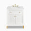 A smooth Glossy White finish highlights the Janelle 30 inch single vanity with framed cabinet panels, a spacious top drawer, brass hardware, and a White Zeus Silestone top.
