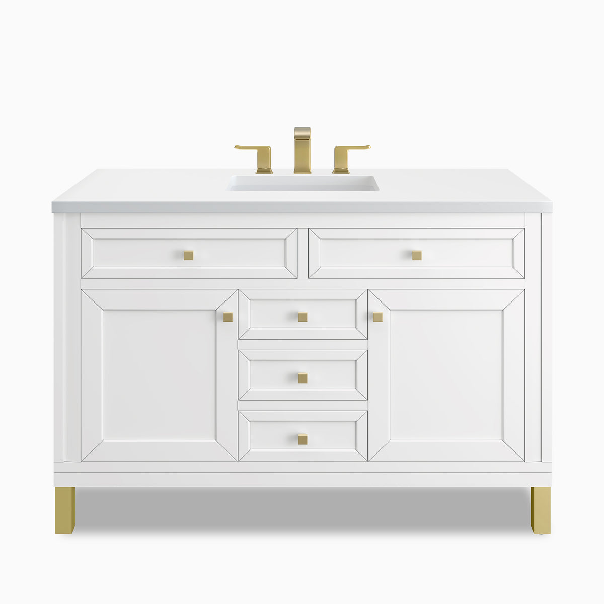 Bright Glossy White cabinetry defines the Janelle 48 inch single vanity, styled with paneled cabinet doors, center drawers, and a 3 cm White Zeus Silestone countertop.