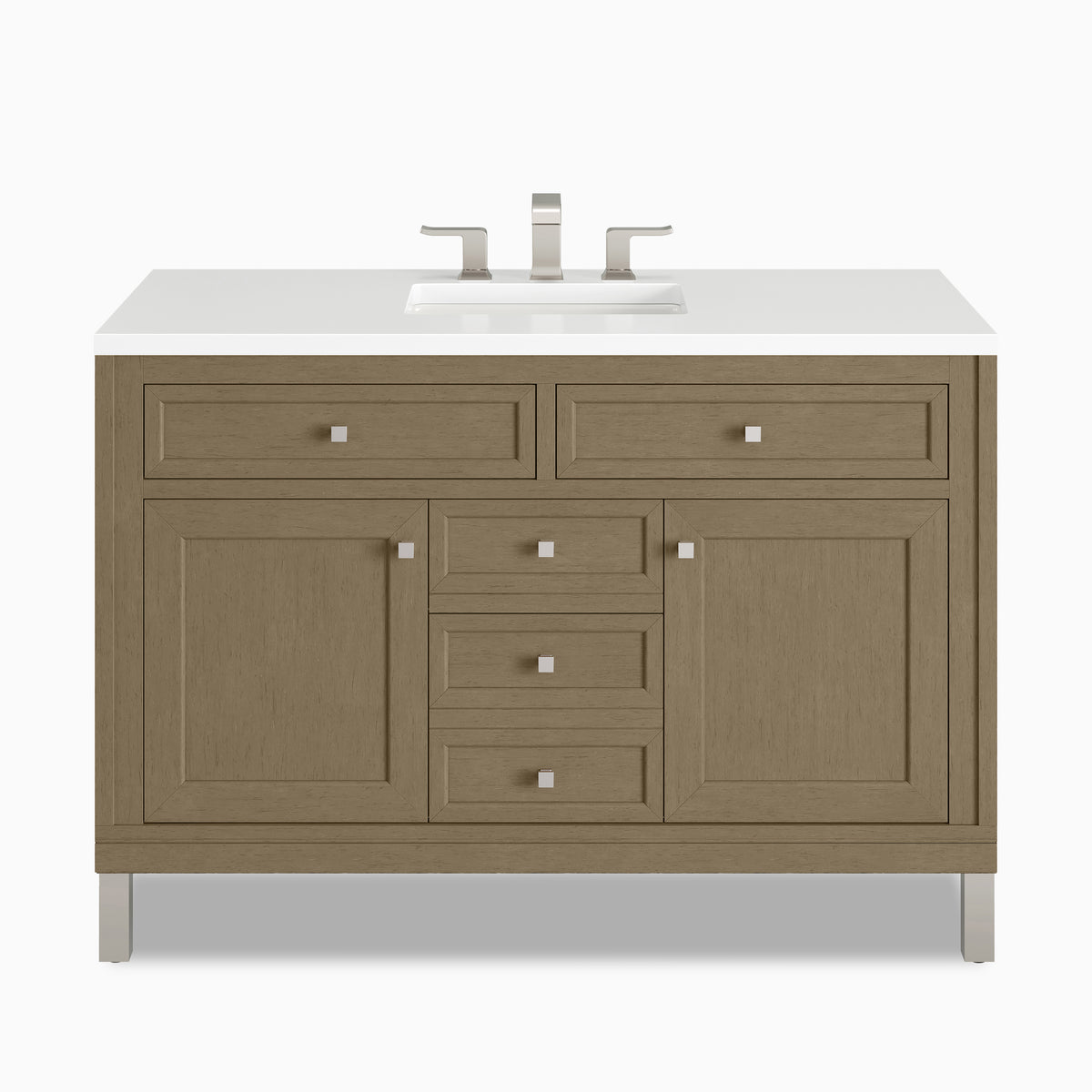 A warm Walnut Whisper finish gives the Janelle 48 inch single vanity its character, paired with paneled doors, center drawers, and a White Zeus Silestone countertop.