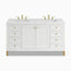 Glossy White cabinetry defines this 60 inch double vanity, designed with framed cabinet doors, side drawers, brass hardware, and a White Zeus Silestone top with two sinks.