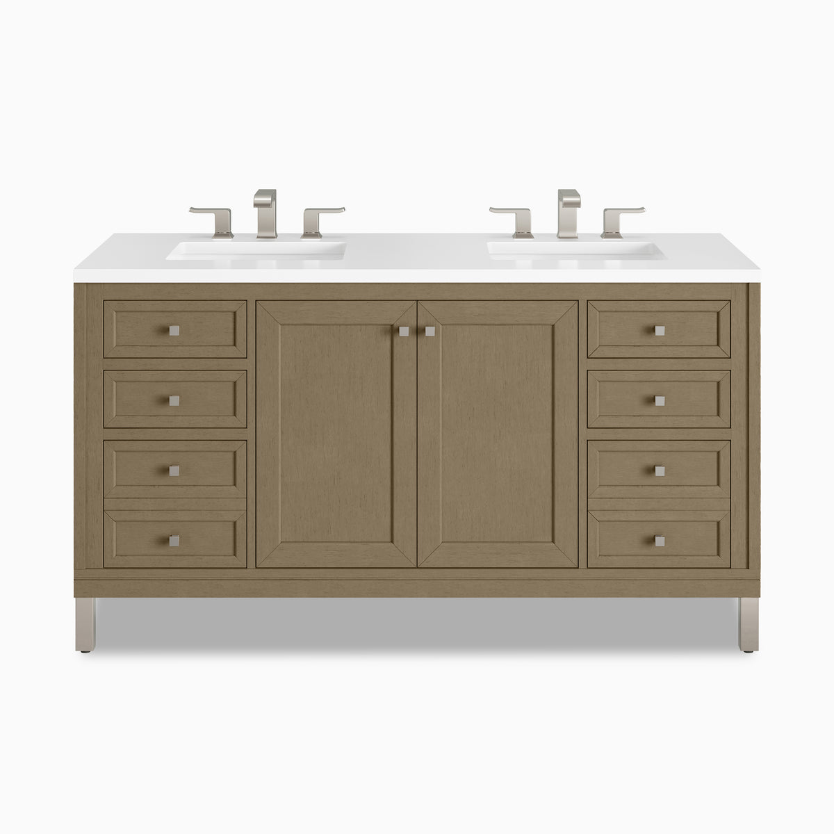 Finished in Walnut Whisper, the Janelle 60 inch double vanity features warm brown wood cabinetry, paneled cabinet doors, four side drawers, and a 3 cm White Zeus Silestone countertop.