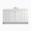 Bright Glossy White cabinetry defines the Janelle 60 inch single vanity, designed with paneled doors, six storage drawers, brass hardware, and a White Zeus Silestone top.