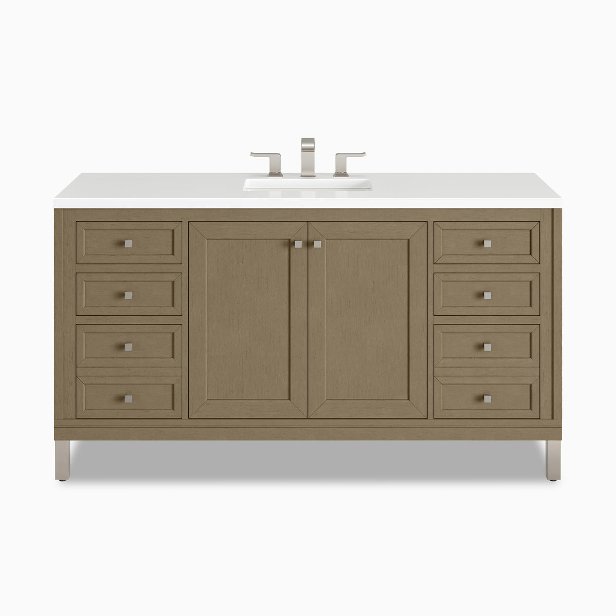 A 60 inch Janelle single vanity in Walnut Whisper with natural brown wood cabinetry, framed cabinet panels, six storage drawers, and a 3 cm White Zeus Silestone top.