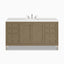 A 60 inch Janelle single vanity in Walnut Whisper with natural brown wood cabinetry, framed cabinet panels, six storage drawers, and a 3 cm White Zeus Silestone top.