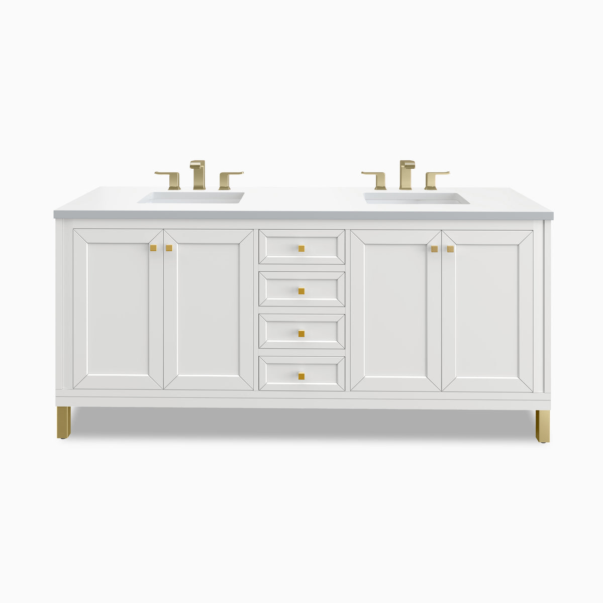 Our Janelle 72 inch double vanity in Glossy White features sleek white cabinetry, paneled cabinet doors, stacked center drawers, and a 3 cm White Zeus Silestone countertop with dual sinks.