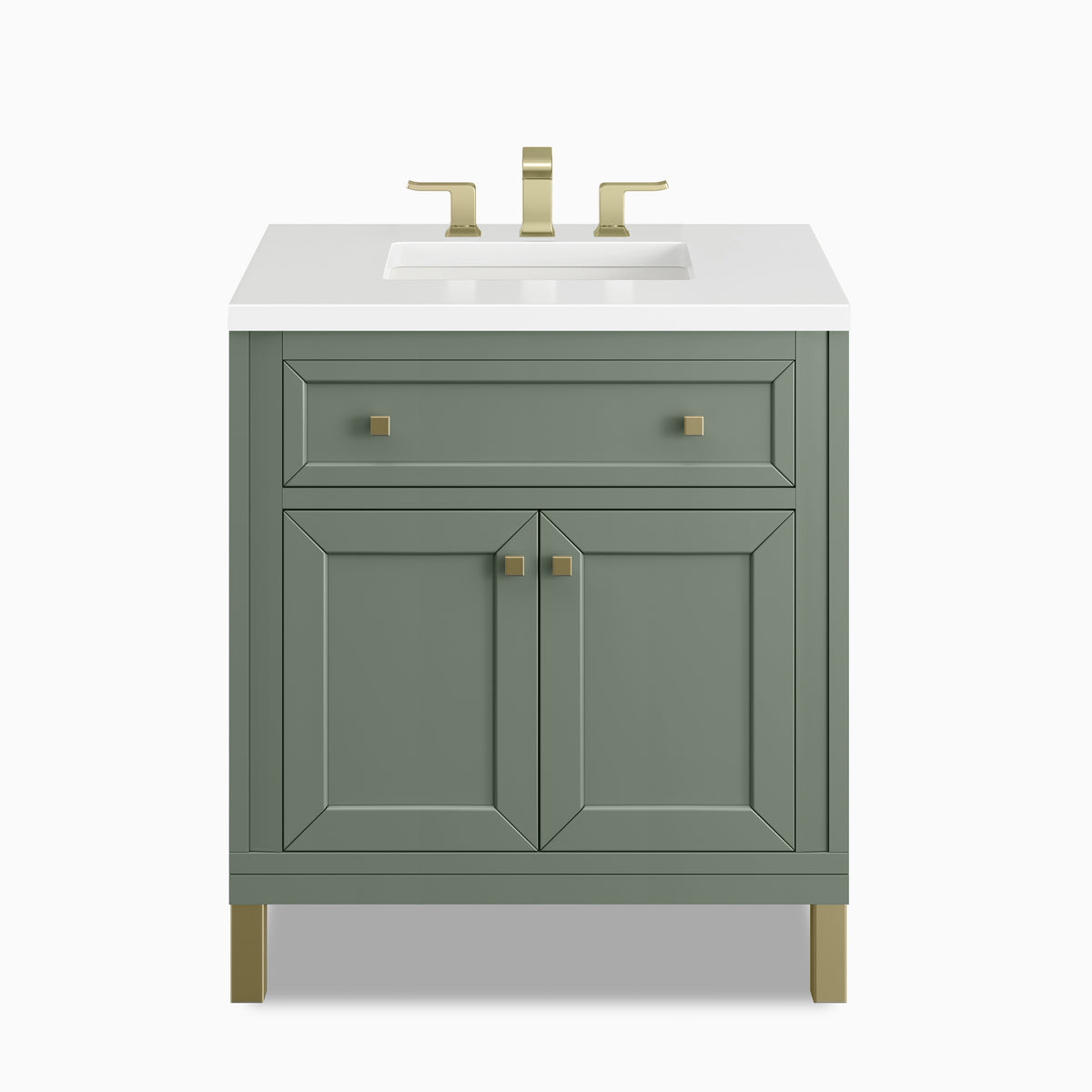 A compact 30 inch single vanity in Smokey Celadon with muted green cabinetry, framed panel doors, a spacious top drawer, brass hardware, and a White Zeus Silestone countertop.