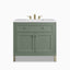 Our Janelle 36 inch single vanity in Smokey Celadon pairs muted green wood cabinetry with paneled cabinet doors, a full-width drawer, brass hardware, and a White Zeus Silestone top.
