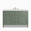 Designed with a muted Smokey Celadon wood finish, this 48 inch Janelle single vanity features framed cabinet panels, stacked drawers, brass hardware, and a White Zeus Silestone countertop.