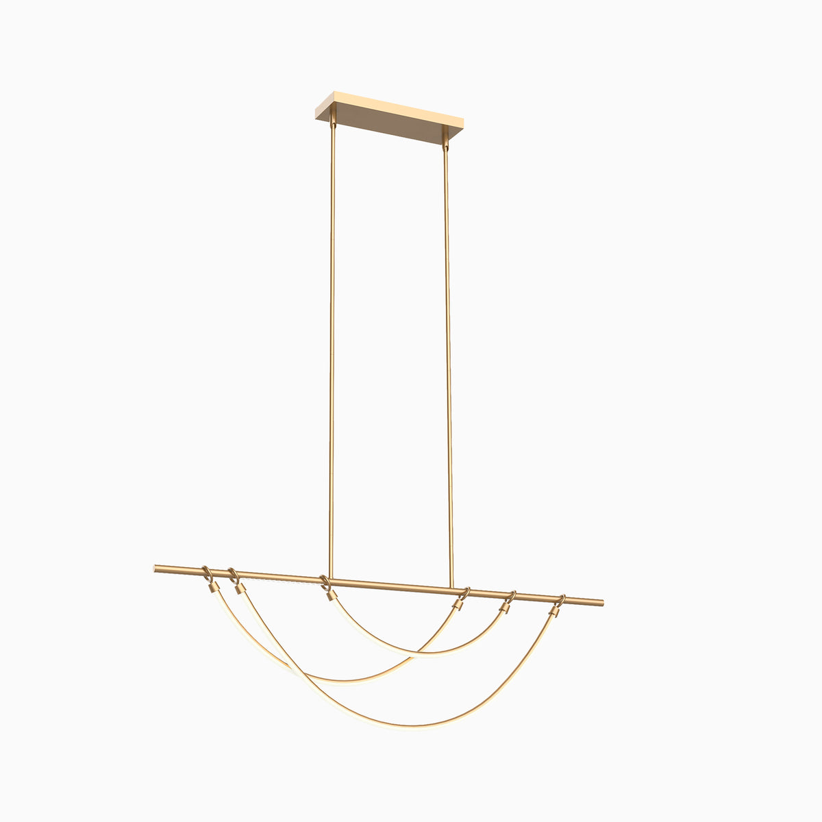 Vintage brass linear pendant with a sleek metal bar and three gracefully draped strands beneath, creating a layered, jewelry inspired silhouette