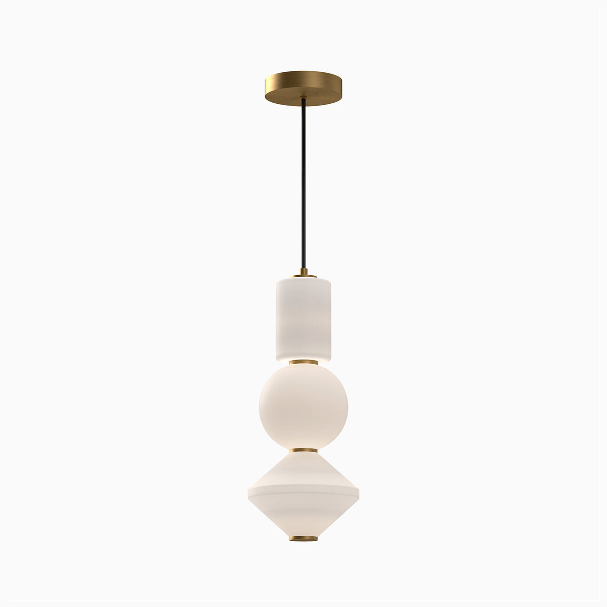 Universal voltage LED modern pendant light with gold canopy and sculptural stacked white glass shades.