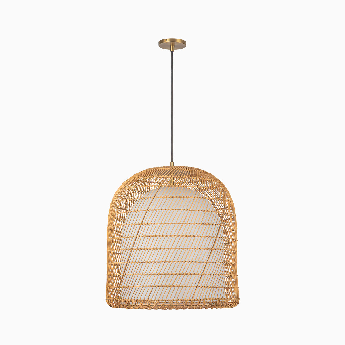 Modern pendant light with brushed gold finish and handwoven rattan dome shade.