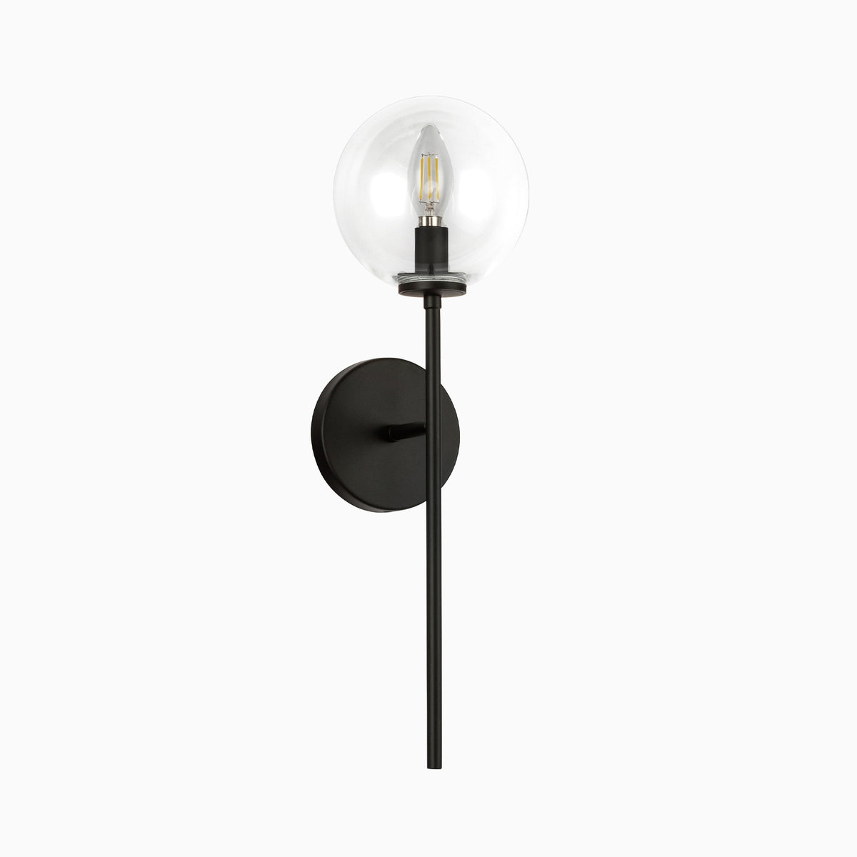 Modern wall sconce with clear glass globe shade and extended matte black vertical metal arm.