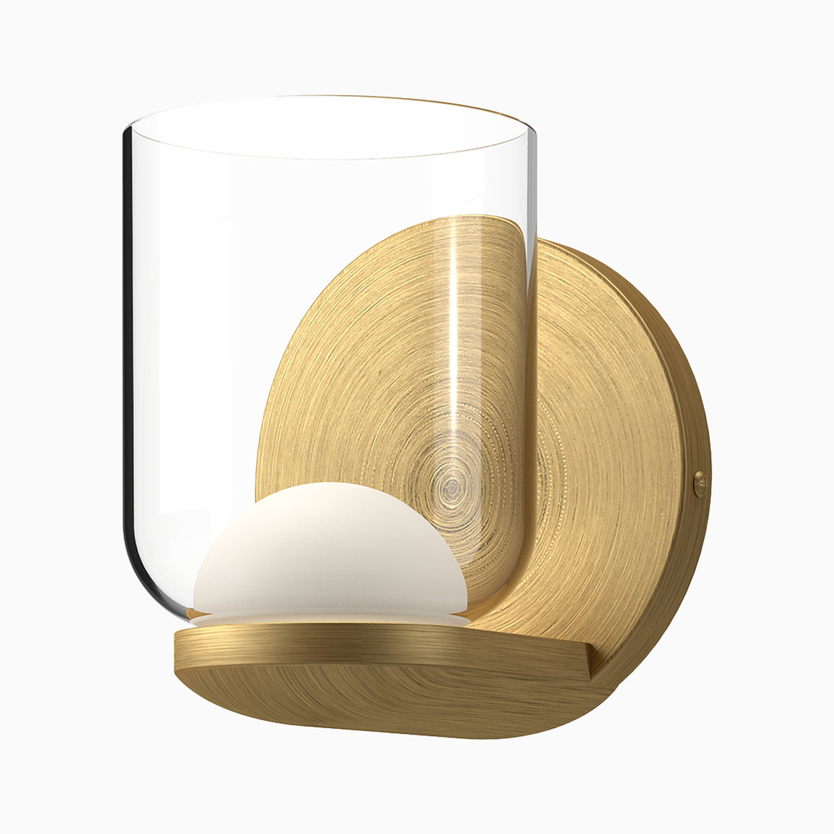 LED wall sconce with clear glass cylinder shade and brushed brass backplate.